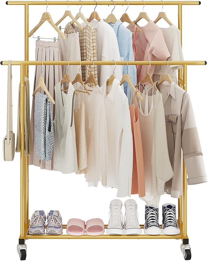 Calmootey Double Rod Clothing Garment Rack,Rolling Hanging Clothes Rack,Portable Clothes Organizer for Bedroom,Living Room,Clothing Store,Gold