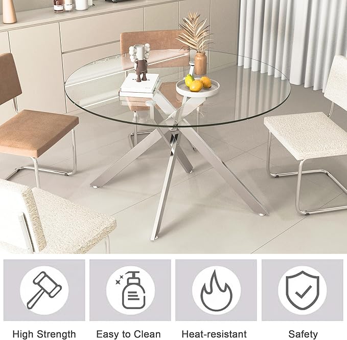 47.24" Round Glass Dining Room Table for 6 with Tempered Glass Top and Silver Metal Legs, Modern Clear Kitchen and Dinner Table for Home Office Dining Room