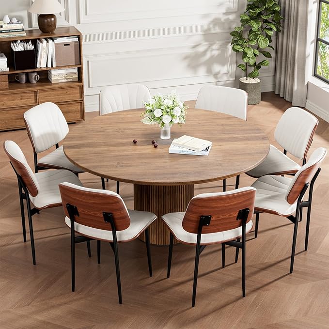 Dining Chairs Set of 6, Mid-Century Modern Upholstered PU Leather Chairs with Walnut Bentwood Back and Metal Legs Adjustable Feet for Kitchen Dining Room, Off-White Shell Strips