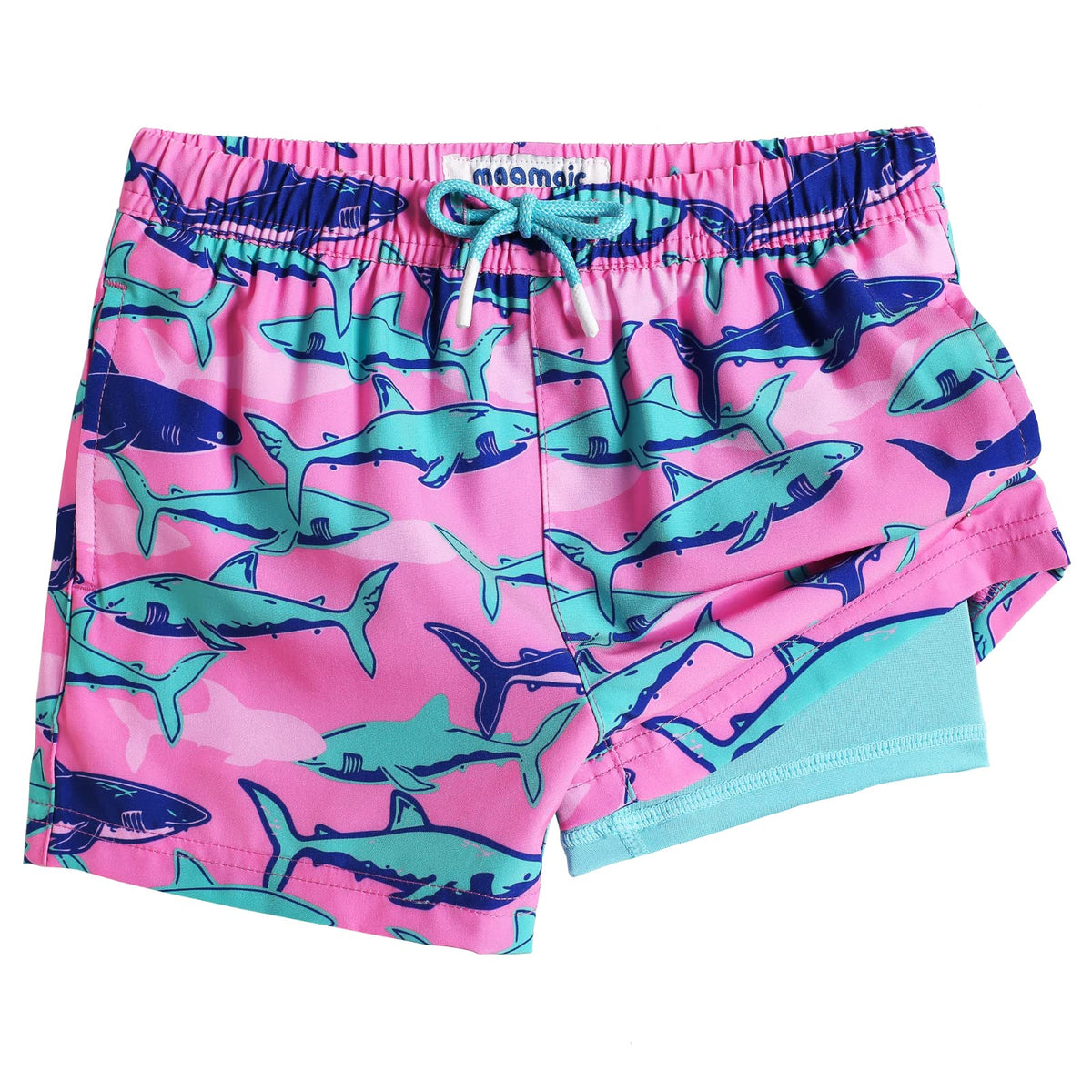maamgic Boys Swim Trunks with Compression Liner Toddler Stretch Swim Shorts Quick Dry Swimming Trunks Boxer Brief 2 in 1 Beach Shorts Pink Blue Shark 3T
