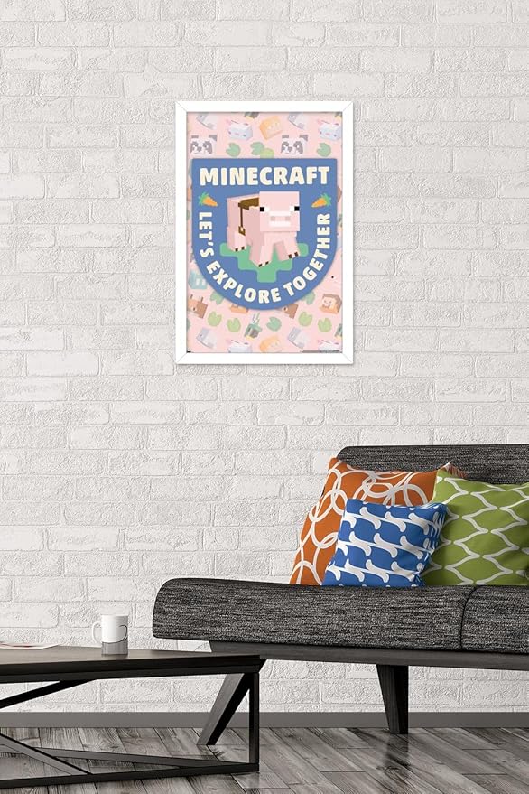 Trends International Minecraft - Let's Explore Together Wall Poster, 22.4L x 14.7W, White Framed Version