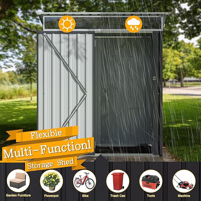 Shintenchi 5x3 FT Outdoor Storage Shed with Window, Outdoor Waterproof Storage Shed Metal Garden Shed with Lockable Single Door,Weather Resistant Tool Storage House Shed for Garden,Backyard,Slate Gray