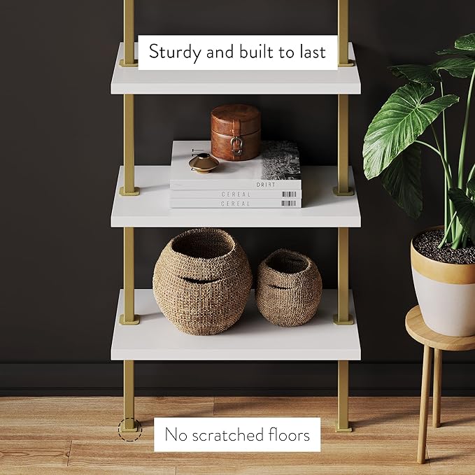 Nathan James Theo 5-Shelf Gold, Ladder Bookcase with Gold/Brass Metal Frame, White, Set of 4