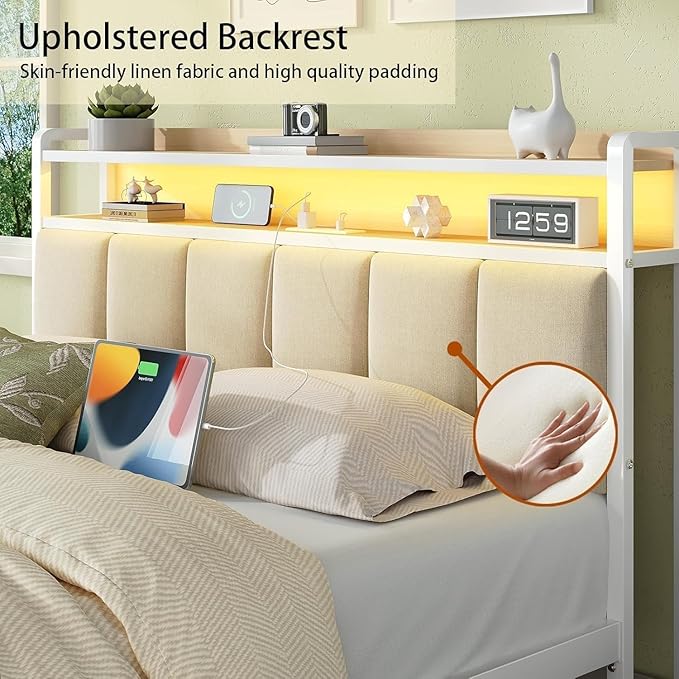 Twin Bed Frame with Storage Headboard, Metal Platform Bed Frames Twin with LED Lights and Charging Station, Heavy Duty Metal Slats, No Box Spring Needed, Easy Assembly, Beige