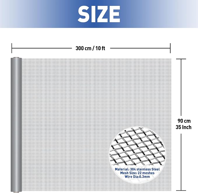 MAGZO 304 Stainless Steel Mesh Screen Roll 35in x 10ft