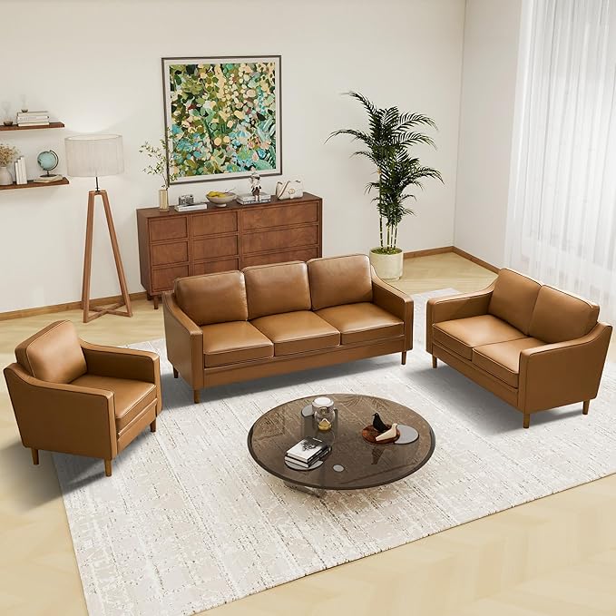 Kingfun Living Room Furniture Sets, 3 Seater Couch, Armchair and Loveseat, Mid Century Modern Sofa Set, Faux Leather Couch with Solid Wood Frame for Living Room & Bedroom, Brown