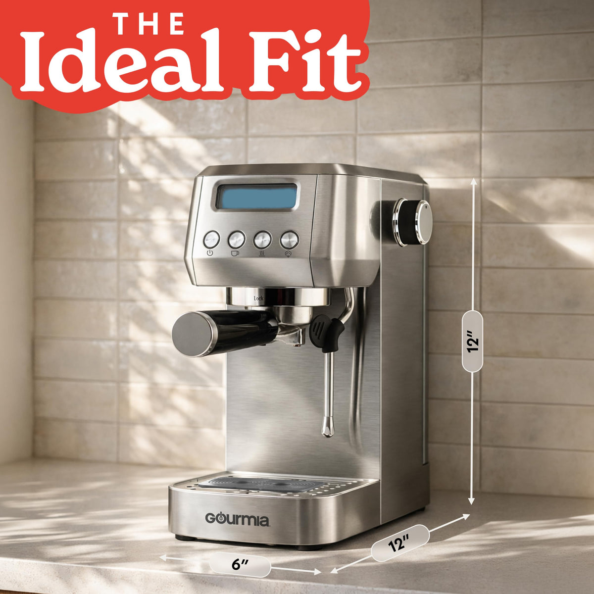 Gourmia Slim Espresso Machine with LCD Screen - Milk Frother, Adjustable Temperature, Manual & Auto Brew, Single/Double Shot, Hot Water Dispenser, Descaling Mode, Compact