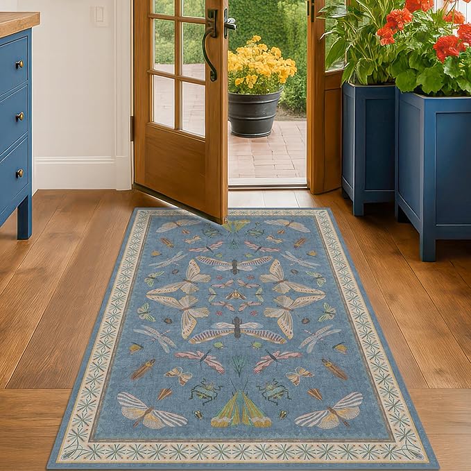 Insect 3x5 Washable Stain Resistant Rugs for Large Kitchen, Ultra Soft Faux Wool Rugs for Kids Bedroom Beside Bed, Non Slip Entry Rug, Low Pile Fade Resistant, Dusty Blue