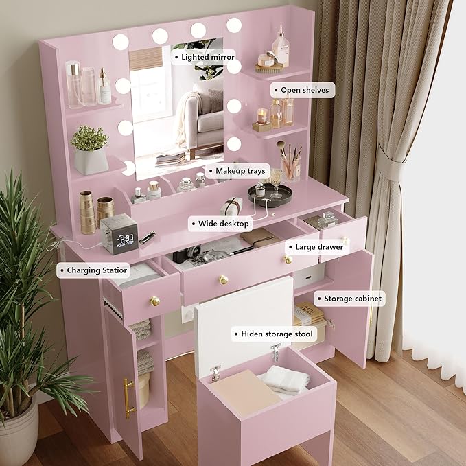 Makeup Vanity Desk with Mirror and Lights, 43" Pink Vanity Set with Chair, 3 Drawers, Power Outlet & Adjustable RGB LED Lights, Dressing Table with Storage Shelf for Women & Girls Bedroom