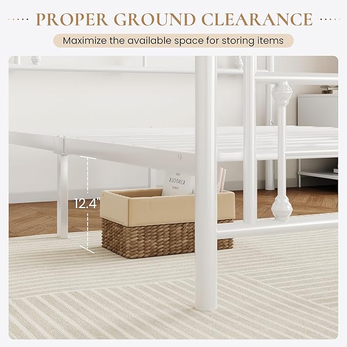 SHA CERLIN 14 Inches Queen Size Metal Platform Bed Frame/Vintage Iron-Art Headboard and Footboard/Mattress Foundation for Storage/No Box Spring Needed/Noise-Free/Easy Assembly/White