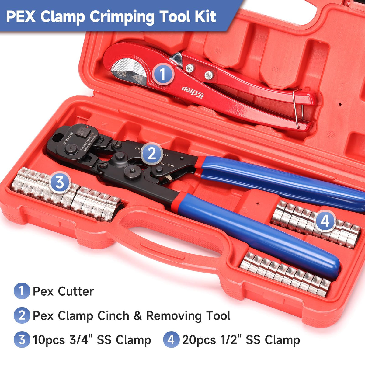 iCrimp Ratchet PEX Cinch Tool with Removing Function for 3/8-in, 1/2-in, 3/4-in, 1-in Stainless Steel Clamp, PEX Crimper with 20PCS 1/2-in, 10PCS 3/4-in PEX Clamps and Pipe Cutter- All in One