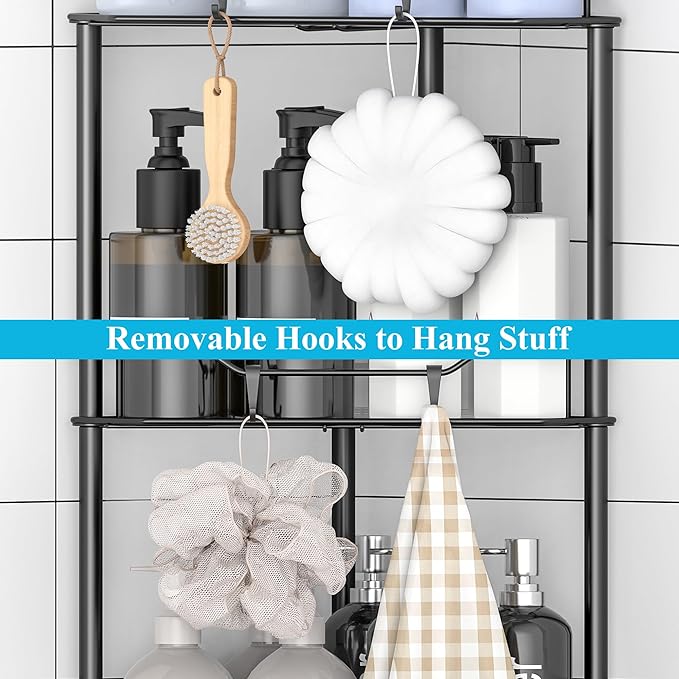 5 Tier Floor Standing Corner Shower Caddy Organizer Shelf with Hooks, Bathroom Shelves Stand Rack, Matt Black