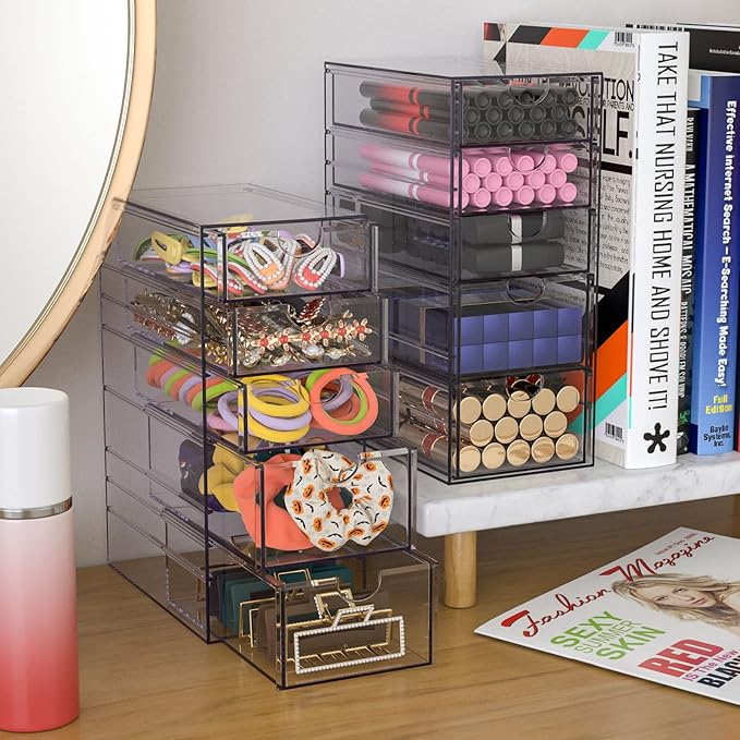 Noverlife Clear Containers for Hair Accessory Organizing, Plastic Hair Accessory Organizer Box with 5 Drawers, Hair Accessory Container, Storage Organization Drawers Set for Hair Ties Accessory