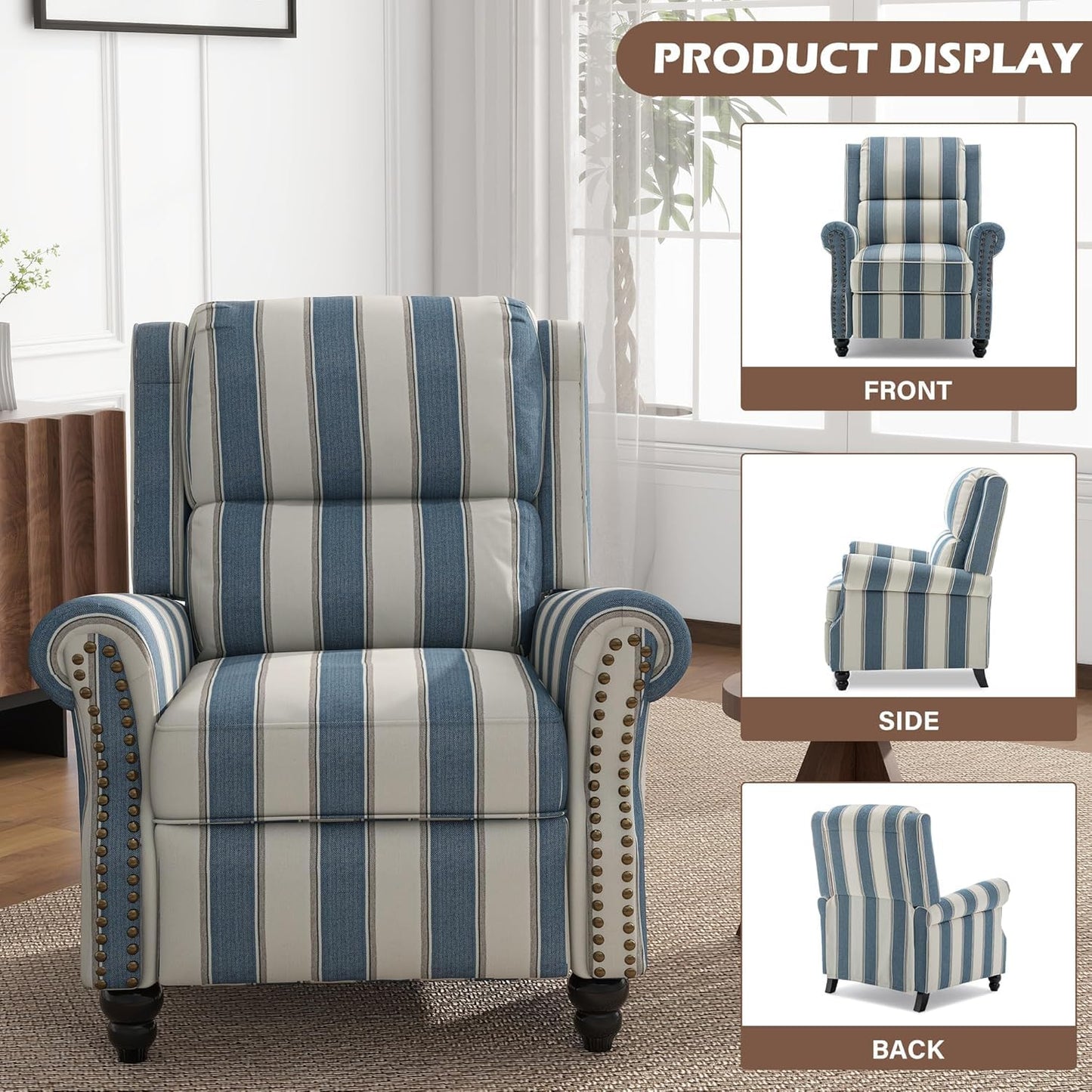 UIXE Pushback Recliner Chairs Set of 2, Fabric Armchair Push Back Accent Chair for Living Room, Rivet Trim Club Chair Overstuffed Home Theater Bedroom Reading Seat - Strip Navy