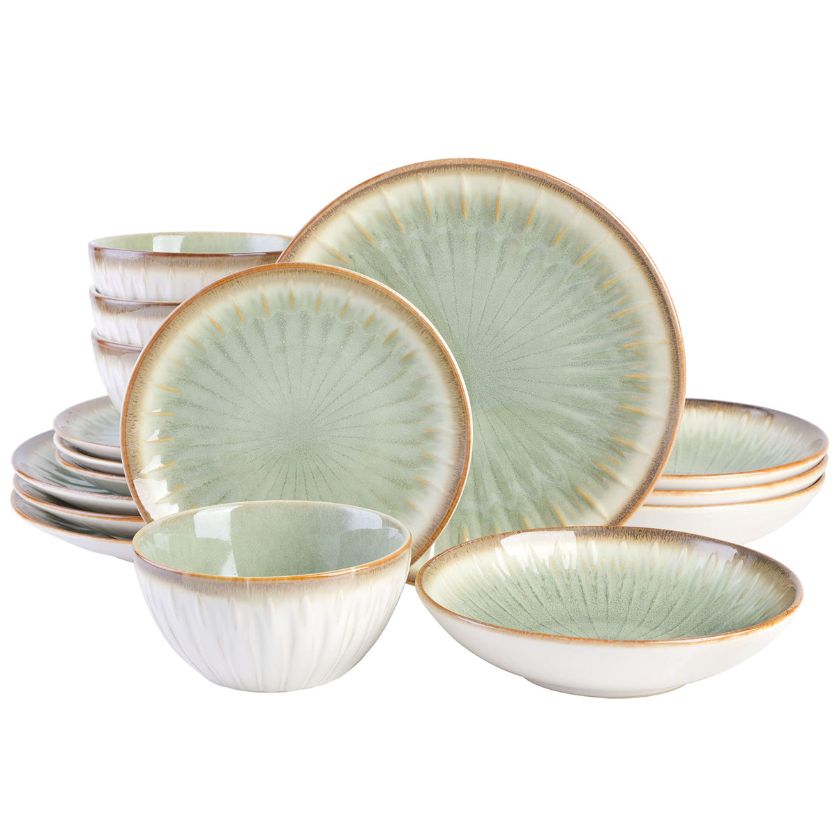 Gibson Elite Mayfair Bay 16-Piece Embossed Double Bowl Dinnerware Set, Service for 4 – Blue Stoneware Plates and Bowls