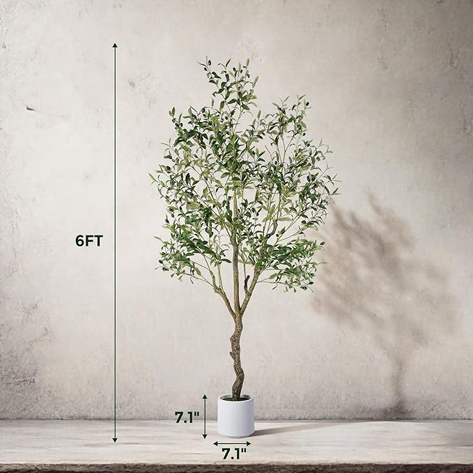 Artificial Olive Tree 6FT, Indoor Fake Silk Plant with Realistic Trunk, Leaves, Fruits and White Planter, Faux Potted Tree for Home Decor and Housewarming Gift, 1 Pack