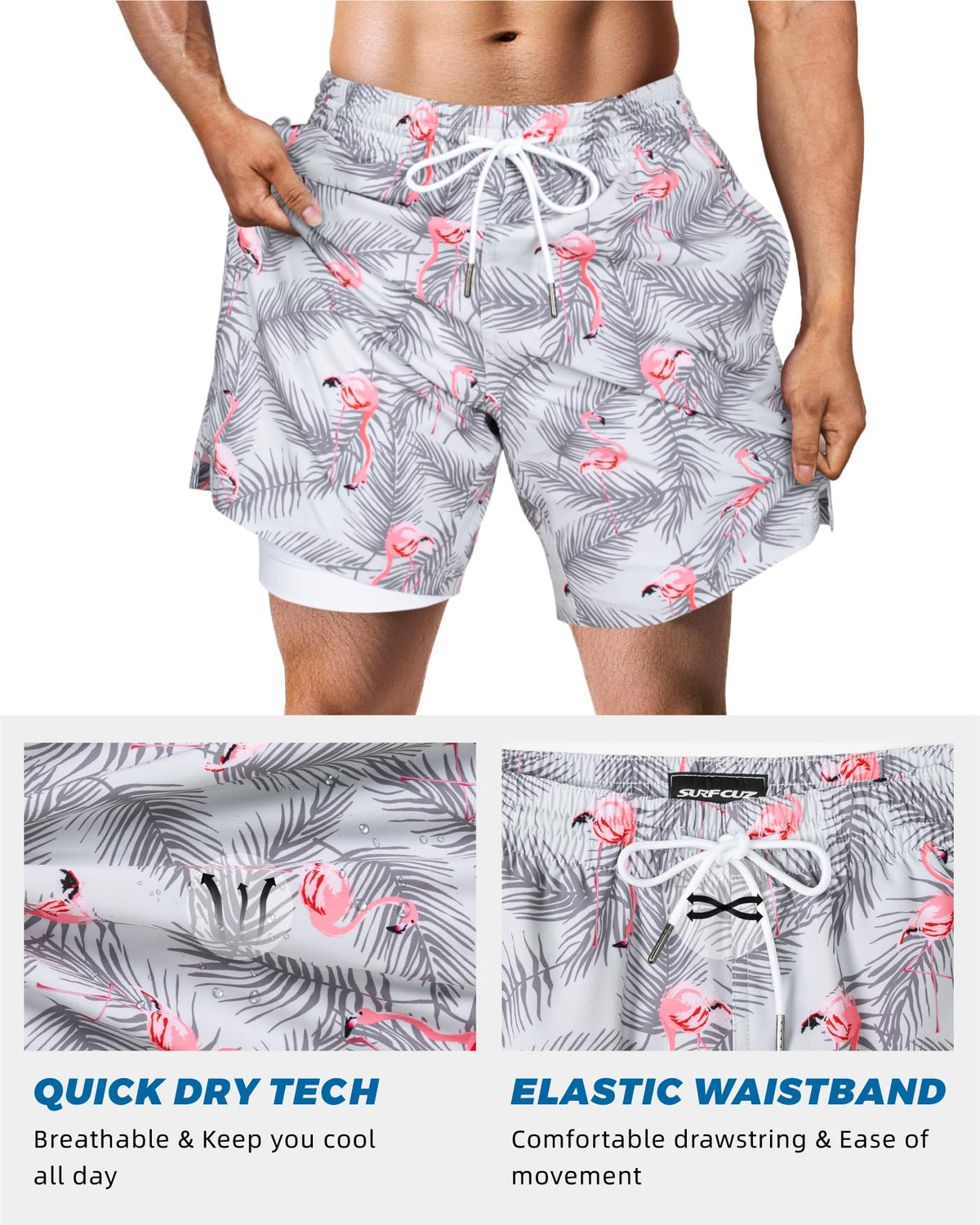 SURF CUZ Mens Swim Trunks with Compression Liner Quick Dry Swim Shorts 7" Swimming Trunks Stretch Zipper Pockets Grey Flamingo Medium