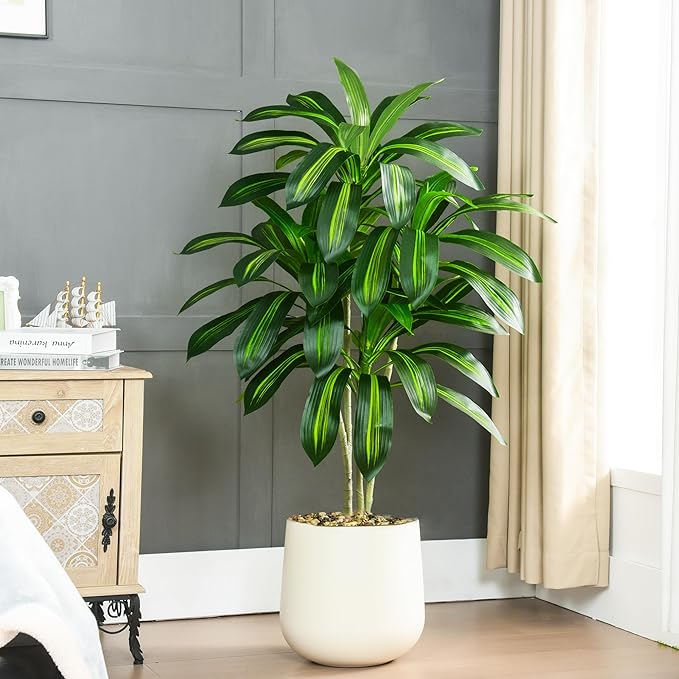 Artificial Dracaena Plant 4FT Tall - Fake Tree with White Planter - Faux Yucca Tall Fake Floor Plant in Pot - Artificial Trees for Home Bedroom Office Indoor Living Room Decoration