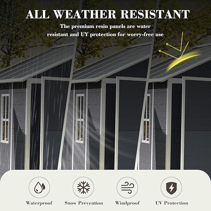 8' x 8' Resin Storage Shed Outdoor, PP Material & Strong Structure for All Weather, Plastic Garden Shed w/Window for Garden, Backyard, Poolside and Lawn, 15mm Thick PP Board - Dark Grey