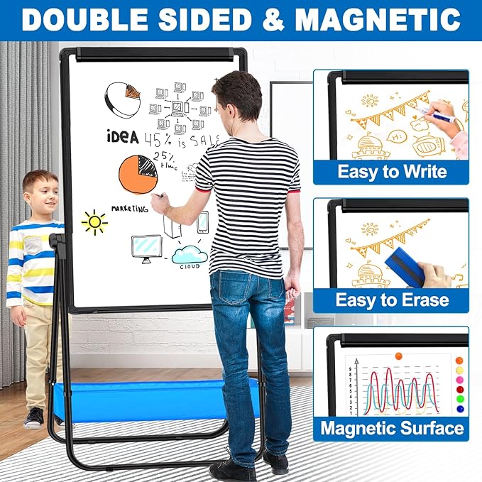 Dry Erase White Board with Stand Double Sided 40"X28" Magnetic U Standing Easel Whiteboard, Height Adjustable & 360° Rotation Portable White Boards for School, Classroom, Home & Office