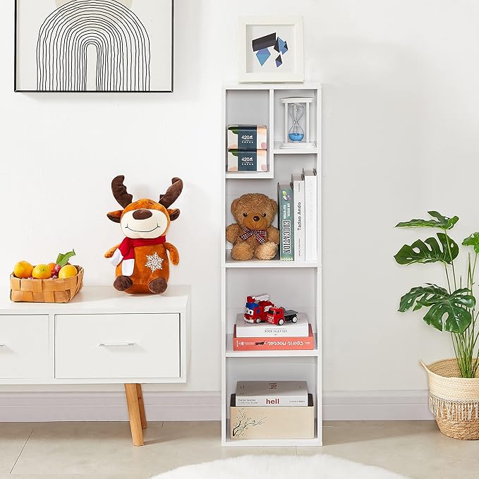 VECELO Small White Bookshelf, 5 Cube Slim Bookcase, Fits Tallest Hardcovers, Horizontal Available, Modern Floor Standing Unit, Each Shelf Hold Up to 66 LBS,White