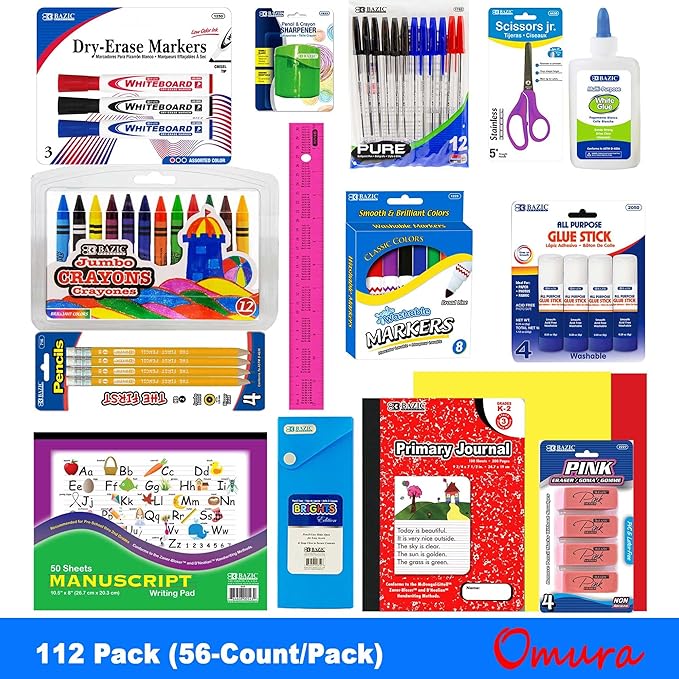 OMURA Learning | Primary Back-to-School Supply Box for All-in-One Student Essentials Set | Composition Book Ruler | Ideal School Supplies Gift 56-CT (Primary K-2 | Pallet)