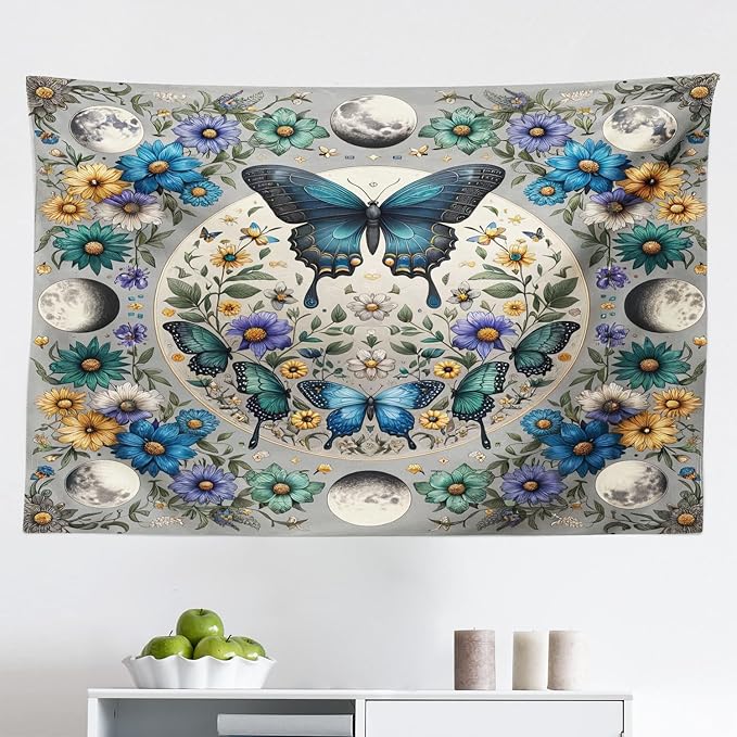 Ambesonne Boho Tapestry, Wreath of Colorful Flowers with Moon and Butterfly Pattern Witchy Scenery, Fabric Wall Hanging Decor for Bedroom Living Room Dorm, 45" X 30", Sea Blue Pale Grey Teal