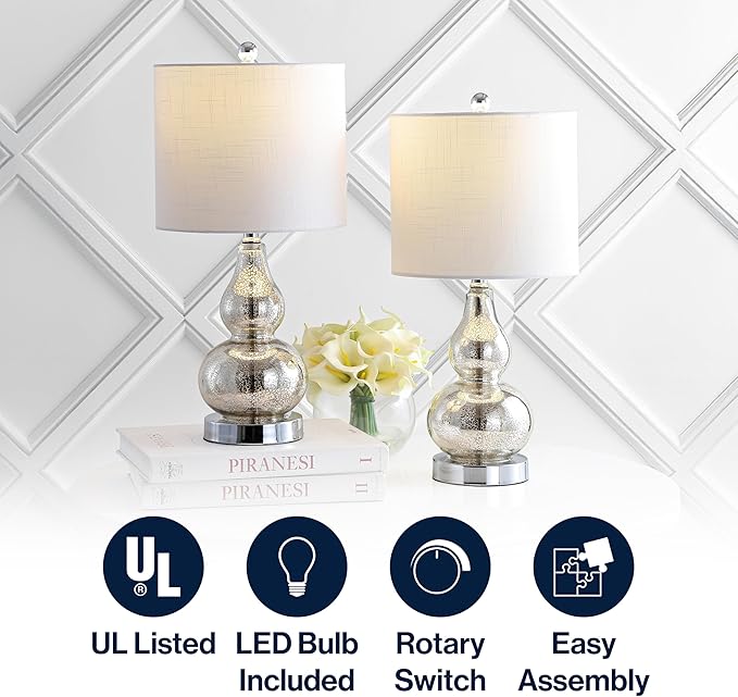 JONATHAN Y 20.5" Mercury Silver Glass Table Lamp, Modern Gourd Bedside Nightstand Lamp for Bedroom, Living Room, White Linen Shade, LED Bulb Included (JYL1028C-SET2)