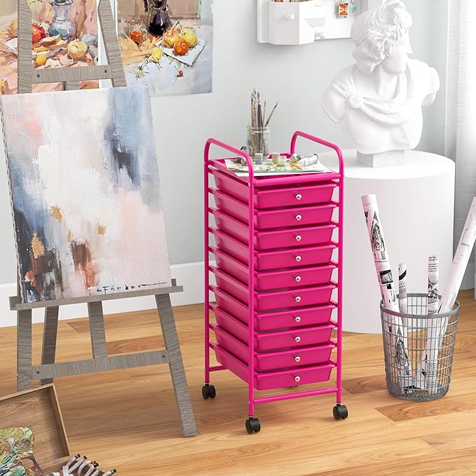 COSTWAY 10-Drawer Rolling Storage Cart, Utility Mobile Trolley with Removable Drawers & Universal Casters & 2 Brakes, Versatile Flexible Drawer Organizer Cart for Home, Office, Hot Pink