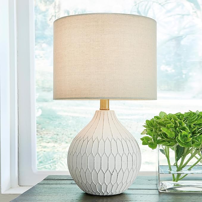 Signature Design by Ashley Wardmont Contemporary Modern Table Lamp with Drum Hardback Fabric Shade, On-Off Switch, Ceramic, 17.75" High, Antique White