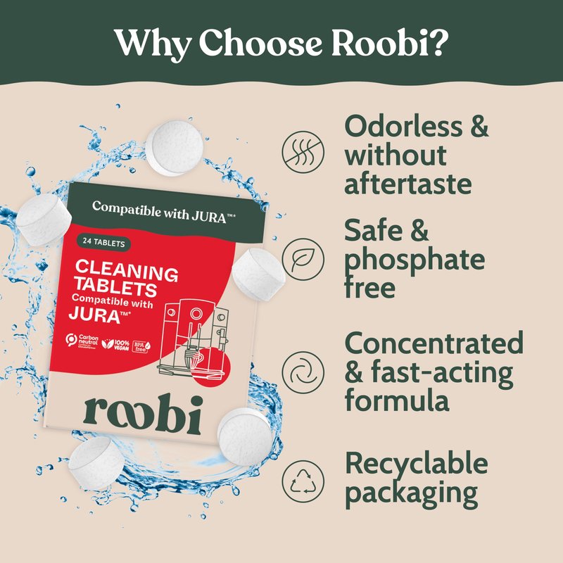 Roobi Compatible Cleaning Tablets for Jura. 24 Jura Cleaning Tablets for Automatic Espresso Coffee Machines. 100% Vegan, Carbon Neutral.