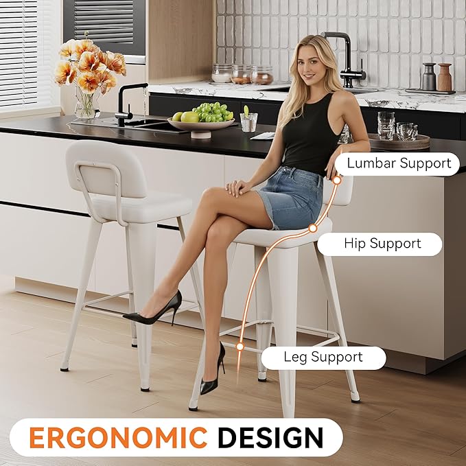 Aklaus PU Leather Metal Bar Stools 30 inch Faux Leather Bar Height Barstools Set of 2 Modern Farmhouse Bar Chairs with High Backs and Faux Leather Seat for Kitchen Island Dining Room Off White