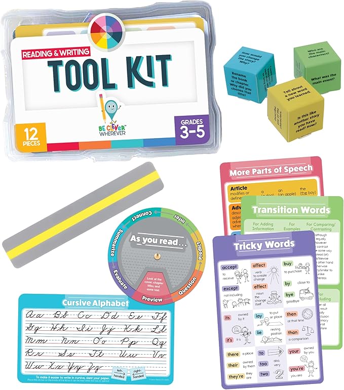 Carson Dellosa 12-Piece Be Clever Wherever Grades 3-5 Reading and Writing Tool Kit, Alphabet Sticker, Spin Wheel, Dice Game, and More Language Arts Manipulative's