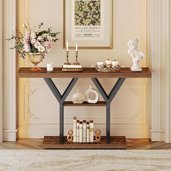 Huuger 47.2 Inch Entryway Table, Industrial Console Sofa Table, 3 Tier Accent Table, for Entry, Hallway, Entrance, Foyer, Y-Shaped Metal Base, Rustic Brown