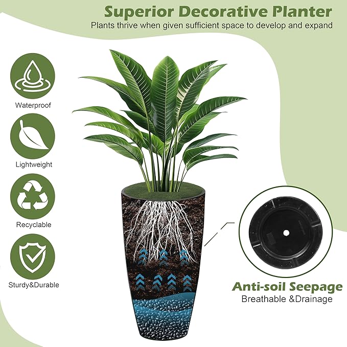 2 Packs 21 inch Tall Planter, Indoor Outdoor Round Planter for Porch, Large Plant Pot with Drainage Hole for Home Garden Front Door, Modern Decorative Pots for Plants (Green)
