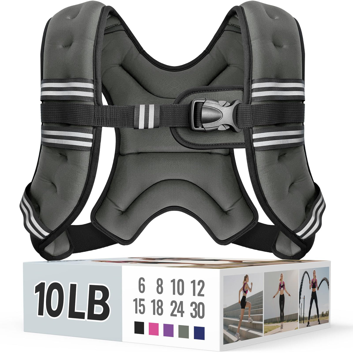 Zeerun Weighted Vest, 6lb/8lb/10lb/12lb/15lb/18lb/20lb/24lb/30lb for Men Women, Reflective Stripe Adjustable Buckle, Comfortable Durable Rucking Vest for Walking Running Strength Training, 10LBS-Gray