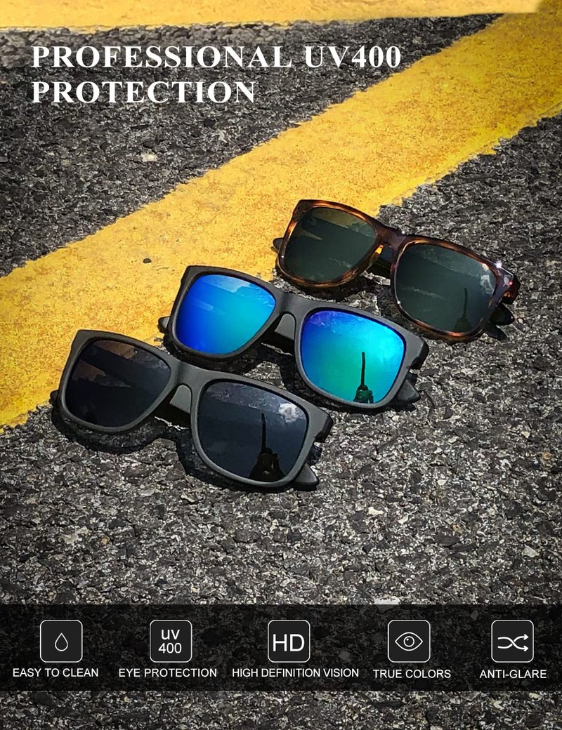 KALIYADI Sunglasses Men Polarized Sun glasses for Mens Womens Classic Matte Black Frame UV Protection 3pack (Black & Green & G15)