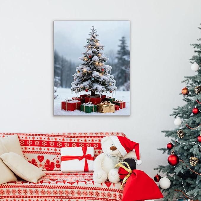 Framed Christmas Pictures Wall Decor,Vintage Pine Tree Prints,Winter Christmas Canvas Wall Art Decoration for Bedroom Bathroom Living Room Rustic Xmas Holiday Gifts (Christmas Tree 11, 16'' X 20'')