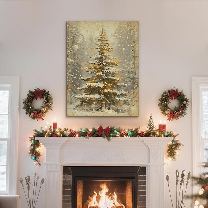 Framed Christmas Pictures Wall Decor,Vintage Pine Tree Prints,Winter Christmas Canvas Wall Art Decoration for Bedroom Bathroom Living Room Rustic Xmas Holiday Gifts (Christmas Tree 2, 11'' X 14'')