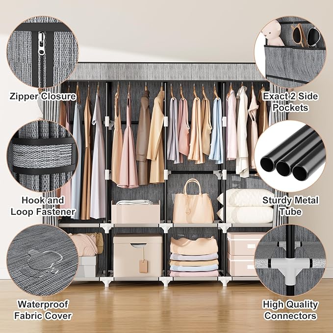 VTRIN Portable Closet for Hanging Clothes 67 Inch Wide Large Capacity Portable Wardrobe Closet with Cover, 4 Storage Shelves and 4 Hanging Rod Sturdy Free Standing Closet for Bedroom, Printing