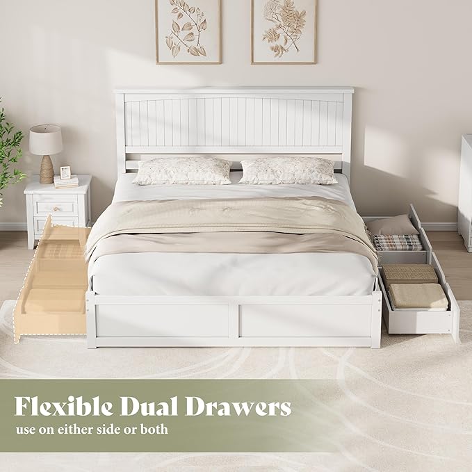 AMERLIFE Queen Size Solid Wood Bed Frame with 50" Tall Headboard, Mid-Century Modern Bed with Storage, Wooden Platform Bed with 2 Drawers, No Box Spring Needed, White