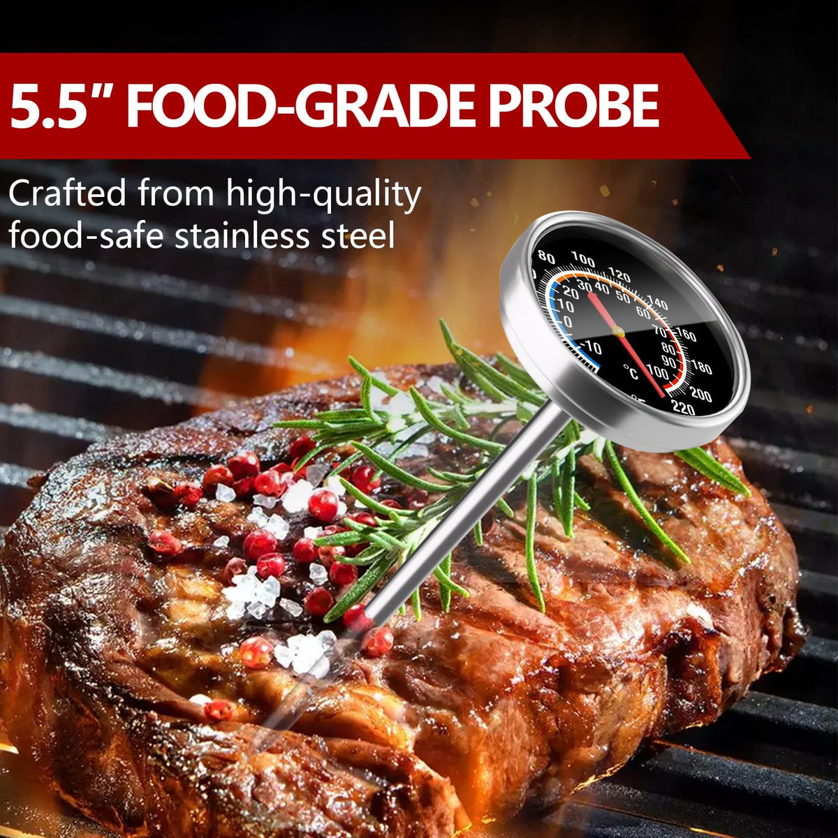 Meat Thermometer - Instant Read Food Thermometer with 5.5-Inch Stainless Steel Probe for Cooking, Steak, Bread, Chicken, Grilling, Milk, Tea & Coffee - 1.5-Inch Dial Kitchen Temperature (1PCS)