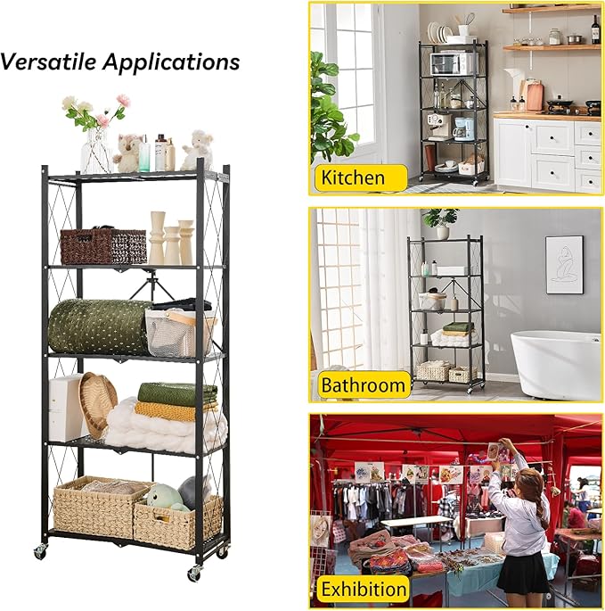 BRIAN & DANY 5-Tier Foldable Storage Shelves with Wheels, Folding Metal Rack Shelving Unit, Heavy Duty No Assembly Organizer Shelf for Garage, Kitchen, Basement, Pantry, Black