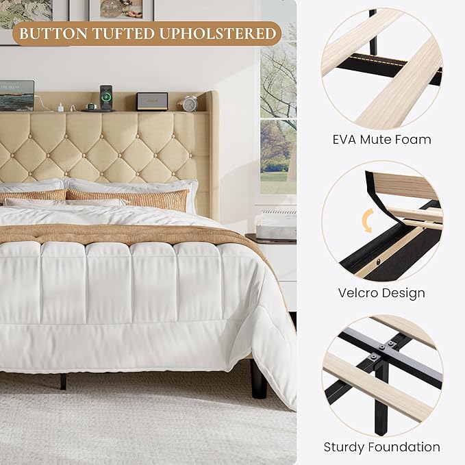 SHA CERLIN Queen Size Platform Bed Frame with Charging Station, Velvet Wingback Headboard with Storage Shelf, Wooden Slats Support, Ample Under-Bed Space, No Box Spring Needed, Easy Assembly, Beige
