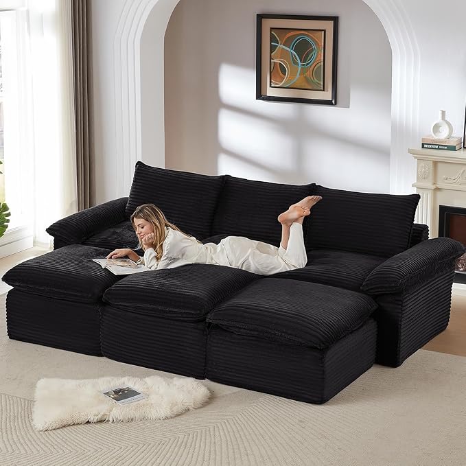 111" Cloud Sectional Couch, Corduroy Sectional Sofa with Ottoman, Boneless Couch with Deep Seat in a Box for Living Room, No Assembly Required (Black)