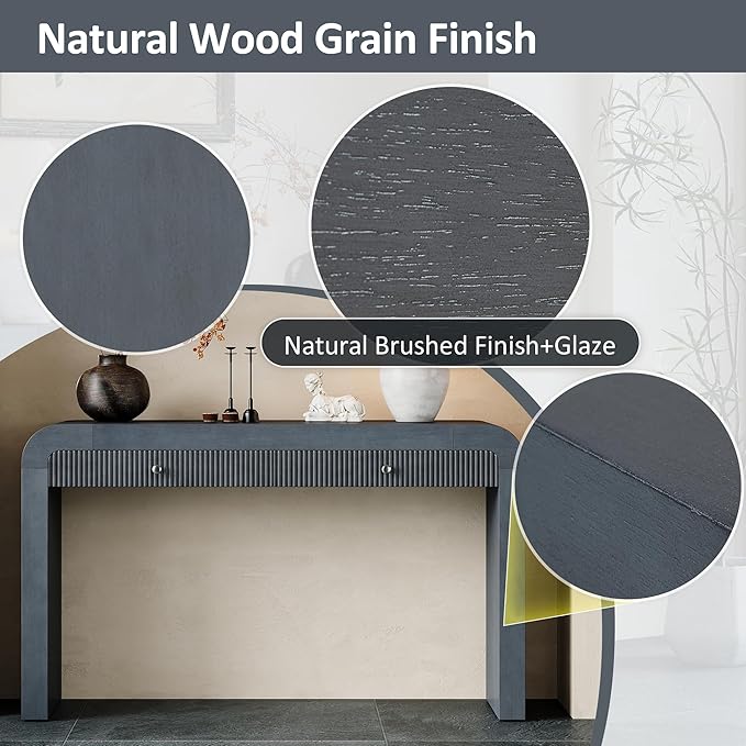 Farmhouse Modern Curved Console Table 54.3-Inch Sofa Entry Table Fluted Accent Tables with Storage Drawers for Living Room Entryway Hallway Furniture, Dark Navy