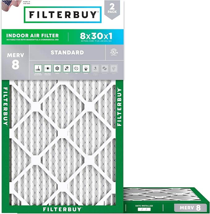 Filterbuy 8x30x1 Air Filter MERV 8 Essential Dust & Allergy Defense,