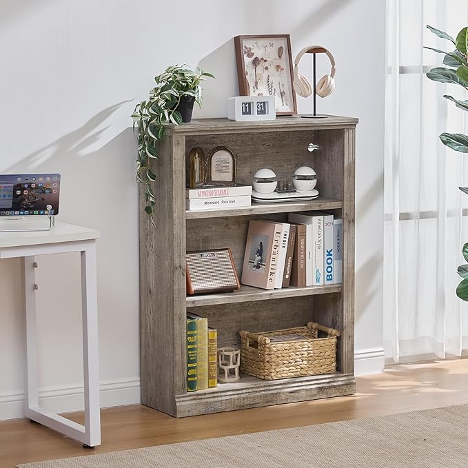 43" Grey Tall Bookshelf Set of 3,3-Tier Thick Wooden Book Shelf with Adjustable Shelves,Free Standing Farmhouse Bookcase with Open Display Storage,Floor Vintage Bookshelves for Living Room