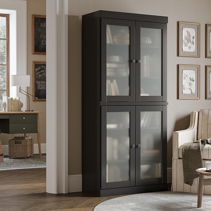 Palace Imports Solid Wood Bookcase w/Frosted Glass Doors & Adjustable Shelves - 6-Tier Bookshelf, 71.5" H x 32” W - Black, 100% Renewable Eco-Friendly Wood, Made in Brazil