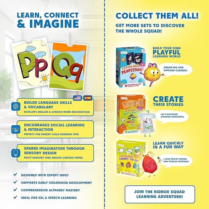 Kidrox Alphabet Flash Cards, ABC Learning Cards with Interactive Pull Tabs, English Cards Plus Spanish Translations
